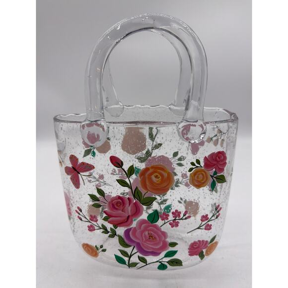 Spring Hand Painted Glass Purse Vase w/Crystals 11" Tall - Picture 2 of 2